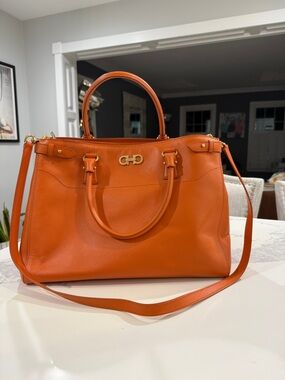 Salvatore Ferragamo Batik-Orange Italian Leather Satchel Gancini Handles w COA